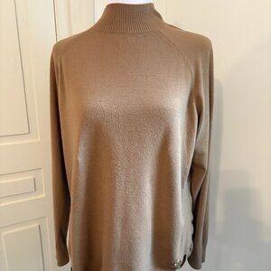 Camel Colored Mock Neck Sweater with Shirttail Hem, Small, by Michael Kors